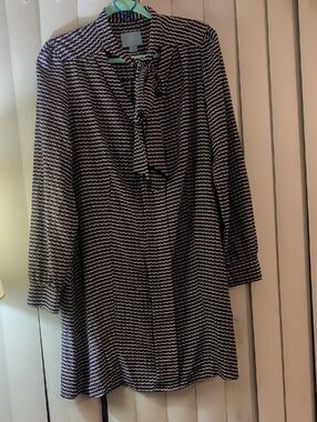 CeCe Blue, Navy & Beige Geometric Tie-Neck Tunic Dress, Size 12
